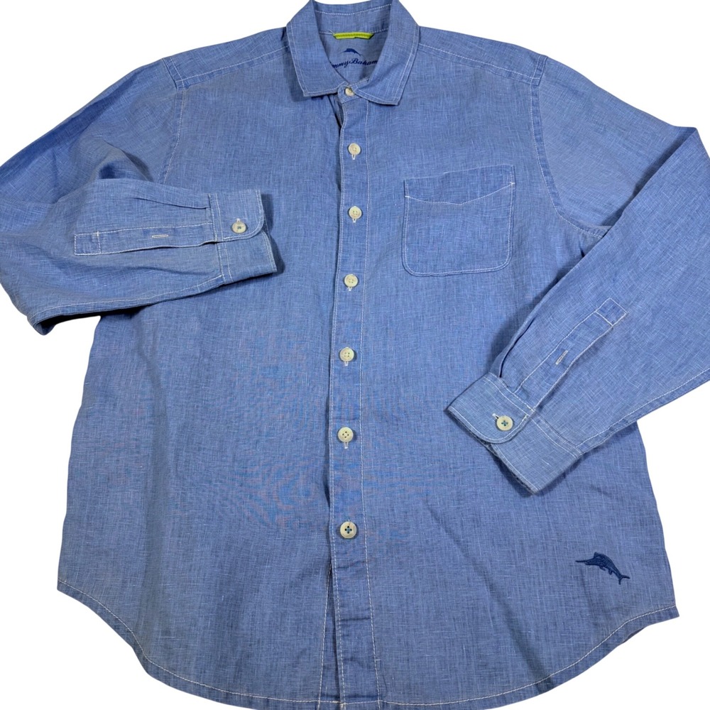 Tommy Bahama Button Down Shirt L Blue 100% Linen Long Sleeve Marlin Logo